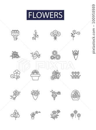 Flowers line vector icons and signs. Petals, Roses, Daisies, Thistles, Flora, Tulips, Stems, Foliage outline vector illustration set Flowers line vector icons and signs. Petals, Roses, Daisies, Thistles, Flora, Tulips, Stems, Foliage outline vector illustration set 100958989