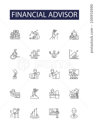 Financial advisor line vector icons and signs. Financial, Consultant, Investment, Wealth, Planner, Retirement, Banker, Tax outline vector illustration set Financial advisor line vector icons and signs. Financial, Consultant, Investment, Wealth, Planner, Retirement, Banker, Tax outline vector illustration set 100958990