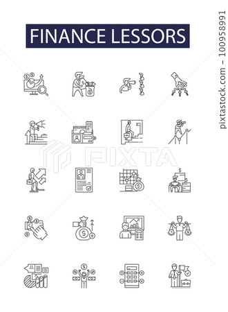 Finance lessors line vector icons and signs. Financiers, Lenders, Investors, Underwriters, Creditors, Guarantors, Borrowers, Securitizers outline vector illustration set Finance lessors line vector icons and signs. Financiers, Lenders, Investors, Underwriters, Creditors, Guarantors, Borrowers, Securitizers outline vector illustration set 100958991