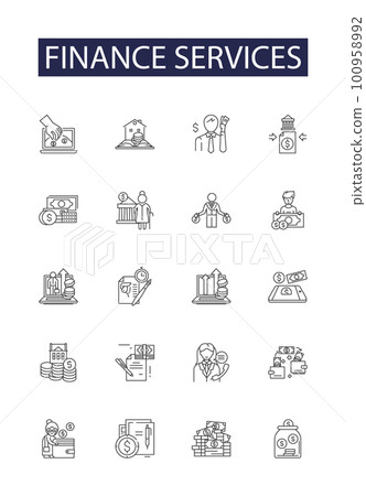 Finance services line vector icons and signs. Investing, Credit, Banking, Equity, Borrowing, Lending, Accounting, Mortgages outline vector illustration set 100958992