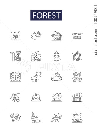 Forest line vector icons and signs. Woodland, Jungle, Greenery, Wilderness, Green, Nature, Shrub, Fauna outline vector illustration set Forest line vector icons and signs. Woodland, Jungle, Greenery, Wilderness, Green, Nature, Shrub, Fauna outline vector illustration set 100959001