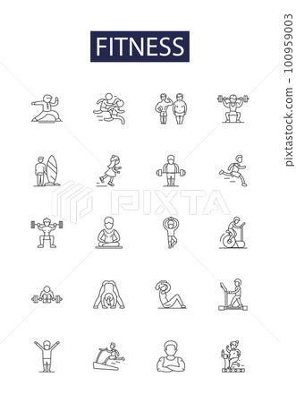 Fitness line vector icons and signs. Exercise, Training, Exercise, Endurance, Strength, Workout, Cardio, Gym outline vector illustration set 100959003