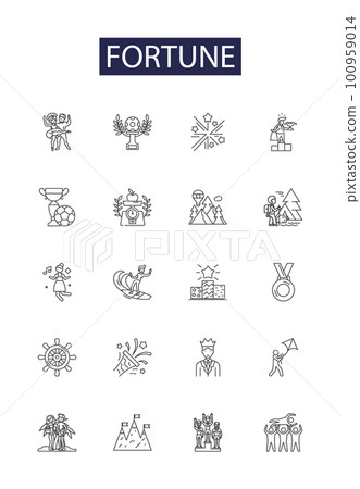 Fortune line vector icons and signs. Success, Fate, Profit, Fluke, Riches, Prognostication, Windfall, Winnings outline vector illustration set 100959014