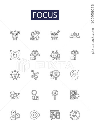 Focus line vector icons and signs. Zero-in, Sharpen, Relegate, Attention, Priority, Focus, Study, Aim outline vector illustration set Focus line vector icons and signs. Zero-in, Sharpen, Relegate, Attention, Priority, Focus, Study, Aim outline vector illustration set 100959026