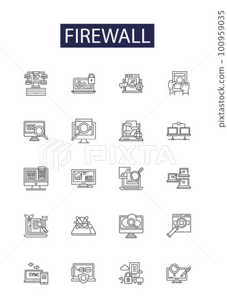 Firewall line vector icons and signs. protection, security, perimeter, filter, firewall, router, attack, software outline vector illustration set 100959035