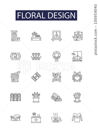 Floral design line vector icons and signs. Design, Flowers, Arrangements, Centerpieces, Bouquets, Garden, Art,Vases outline vector illustration set 100959040