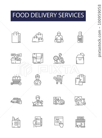 Food delivery services line vector icons and signs. Delivery, Services, Restaurants, Takeaway, Deliveries, Orders, Online, Meals outline vector illustration set 100959058