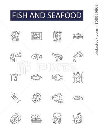 Fish and seafood line vector icons and signs. Seafood, Salmon, Cod, Trout, Halibut, Tuna, Shrimp, Crab outline vector illustration set 100959068