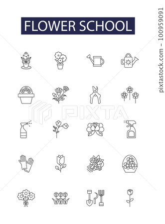 Flower school line vector icons and signs. Floral, Bouquet, Buds, Petals, Floral Design, Wedding, Greenery, Workshop outline vector illustration set 100959091