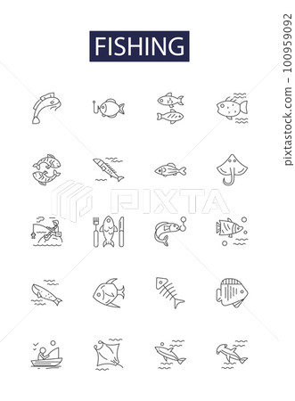Fishing line vector icons and signs. Reeling, Casting, Trolling, Taungya, Gillnetting, Yoyo, Drift-Netting, Baiting outline vector illustration set Fishing line vector icons and signs. Reeling, Casting, Trolling, Taungya, Gillnetting, Yoyo, Drift-Netting, Baiting outline vector illustration set 100959092