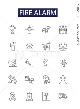 Fire alarm line vector icons and signs. Fire, Warning, Alert, Horn, Siren, Signal, Shrill, Emergency outline vector illustration set Fire alarm line vector icons and signs. Fire, Warning, Alert, Horn, Siren, Signal, Shrill, Emergency outline vector illustration set 100959097