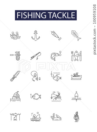 Fishing tackle line vector icons and signs. Reel, Line, Hook, Lure, Bait, Float, Swivel, Net outline vector illustration set Fishing tackle line vector icons and signs. Reel, Line, Hook, Lure, Bait, Float, Swivel, Net outline vector illustration set 100959108
