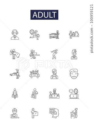 Adult line vector icons and signs. Mature, Grown-up, Adulting, Ageing, Aged, Senior, Old, Experienced outline vector illustration set Adult line vector icons and signs. Mature, Grown-up, Adulting, Ageing, Aged, Senior, Old, Experienced outline vector illustration set 100959121