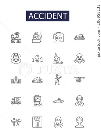 Accident line vector icons and signs. Crash, Smash, Collision, Bump, Smack, Fumble, Slip,Snag outline vector illustration set 100959133