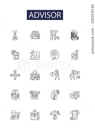 Advisor line vector icons and signs. Mentor, Guide, Adviser, Facilitator, Counselor, Guru, Coach, Exemplar outline vector illustration set 100959140