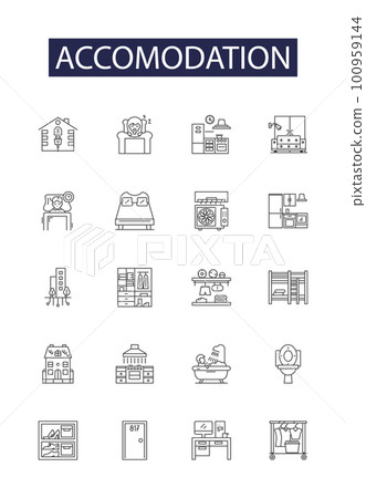 Accomodation line vector icons and signs. room, hotel, accommodation, vacation, holiday, bed, tourism,bedroom outline vector illustration set Accomodation line vector icons and signs. room, hotel, accommodation, vacation, holiday, bed, tourism,bedroom outline vector illustration set 100959144