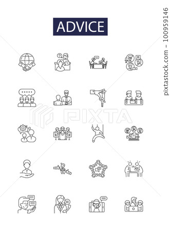 Advice line vector icons and signs. Tip, Suggestion, Guidance, Aid, Advice, Promote, Recommend, Encourage outline vector illustration set 100959146