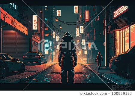 cyberpunk,city,metropolis,neon, rain,art illustration Stock Illustration