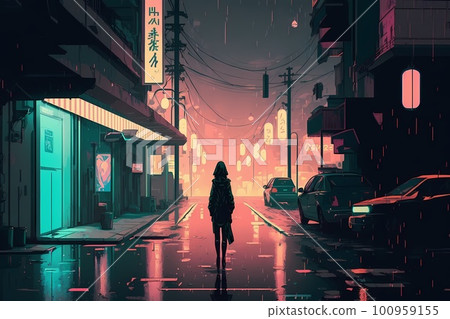 cyberpunk,city,metropolis,neon, rain,art illustration Stock Illustration