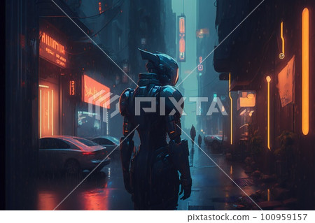 Night city alleyway cyberpunk scene with cyborg. AI generated illustration Night city alleyway cyberpunk scene with cyborg. AI generated illustration 100959157