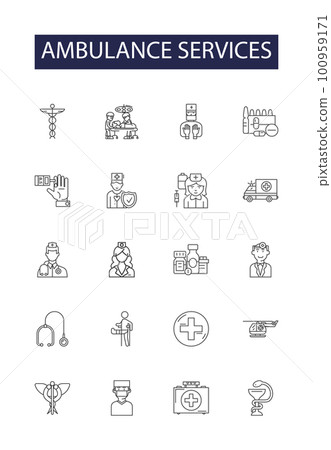 Ambulance services line vector icons and signs. Services, Emergency, Medical, Assistance, Transportation, Care, Response, Rescue outline vector illustration set Ambulance services line vector icons and signs. Services, Emergency, Medical, Assistance, Transportation, Care, Response, Rescue outline vector illustration set 100959171