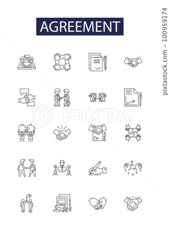 Agreement line vector icons and signs. Accord, Covenant, Treaty, Understanding, Settlement, Arrangement, Pledge, Bond outline vector illustration set Agreement line vector icons and signs. Accord, Covenant, Treaty, Understanding, Settlement, Arrangement, Pledge, Bond outline vector illustration set 100959174