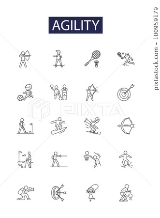 Agility line vector icons and signs. fleetness, suppleness, adaptability, quickness, nippiness, nimiety, dartiness, deftness outline vector illustration set 100959179