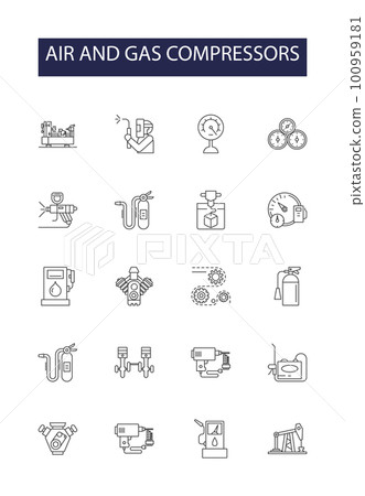 Air and gas compressors line vector icons and signs. Air, Gas, Industrial, Turbo, Rotary, Screw, Vacuum,Piston outline vector illustration set 100959181