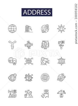 Address line vector icons and signs. location, position, site, street, abode, dwelling, property, point outline vector illustration set Address line vector icons and signs. location, position, site, street, abode, dwelling, property, point outline vector illustration set 100959182
