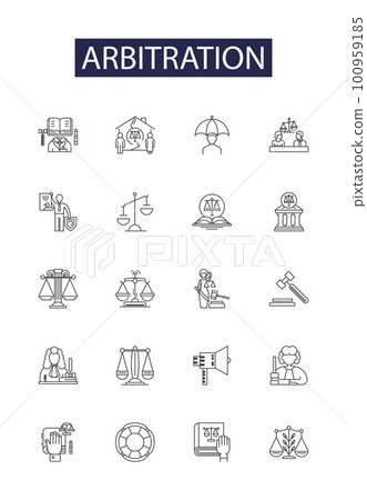 Arbitration line vector icons and signs. Settlement, Conciliation, Award, Negotiation, Adjudication, Interim, Conclusion, Resolve outline vector illustration set 100959185