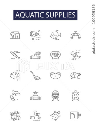 Aquatic supplies line vector icons and signs. aquatics, tanks, fish, supplies, pumps, filter, decorations, substrate outline vector illustration set 100959186