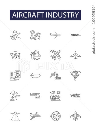 Aircraft industry line vector icons and signs. Aviation, Airplanes, Flying, Piloting, Jets, Fuselage, Propulsion, Propeller outline vector illustration set Aircraft industry line vector icons and signs. Aviation, Airplanes, Flying, Piloting, Jets, Fuselage, Propulsion, Propeller outline vector illustration set 100959194