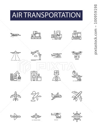 Air transportation line vector icons and signs. Transportation, Flying, Airlines, Journey, Flight, Travel, Aeroplane, Aviate outline vector illustration set 100959198