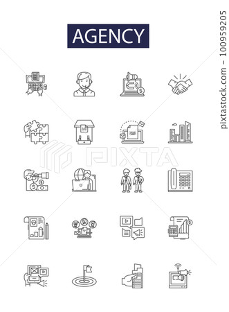 Agency line vector icons and signs. Firm, Bureau, Office, Group, Body, Authority, Service, Outfit outline vector illustration set Agency line vector icons and signs. Firm, Bureau, Office, Group, Body, Authority, Service, Outfit outline vector illustration set 100959205