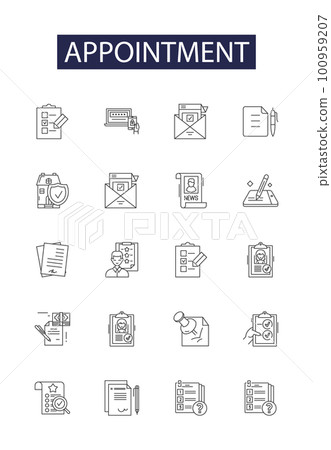Appointment line vector icons and signs. Date, Arrange, Reserve, Book, Confirm, Set, Fix, Engage outline vector illustration set 100959207