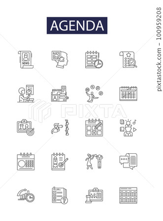 Agenda line vector icons and signs. Program, Plan, Objectives, Purpose, , Log, List, Overview outline vector illustration set 100959208