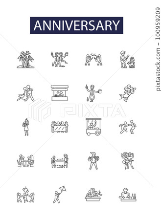Anniversary line vector icons and signs. Commemoration, Milestone, Remembrance, Jubilee, Reunion, Homage, Marker, Feat outline vector illustration set Anniversary line vector icons and signs. Commemoration, Milestone, Remembrance, Jubilee, Reunion, Homage, Marker, Feat outline vector illustration set 100959209