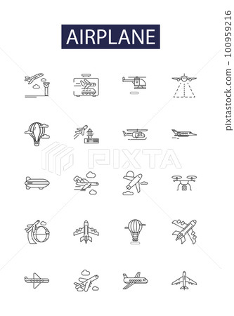 Airplane line vector icons and signs. Jet, Airline, Flight, Wing, Air, Plane, Pilot, Aero outline vector illustration set Airplane line vector icons and signs. Jet, Airline, Flight, Wing, Air, Plane, Pilot, Aero outline vector illustration set 100959216