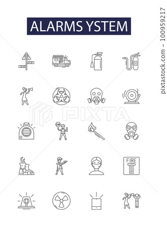 Alarms ystem line vector icons and signs. System, Warning, Alert, Security, Safety, Monitor, Detect, Signal outline vector illustration set 100959217