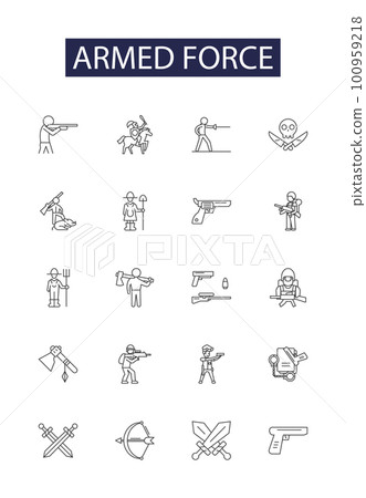Armed force line vector icons and signs. Armies, Troops, Warriors, Soldiers, Regiment, Battalion, Brigades, Navy outline vector illustration set 100959218