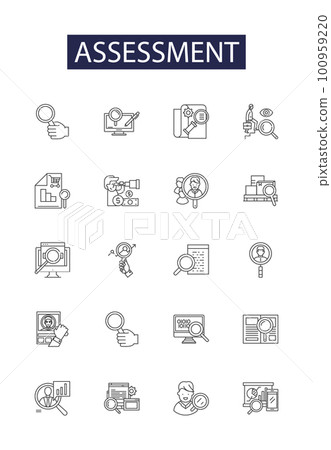 Assessment line vector icons and signs. Exam, Quiz, Review, Test, Analysis, Measurement, Scrutiny, Rating outline vector illustration set 100959220