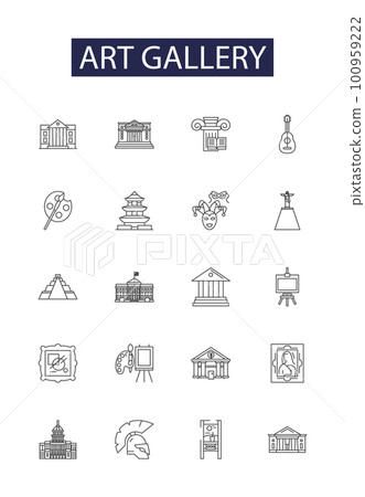 Art gallery line vector icons and signs. Art, Exhibition, Show, Museum, Paintings, Sculptures, Photography, Building outline vector illustration set 100959222