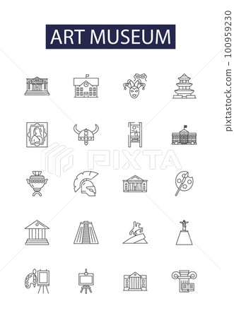 Art museum line vector icons and signs. museum, gallery, exhibit, sculpture, painting, masterpieces, collections, creativity outline vector illustration set 100959230