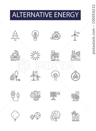Alternative energy line vector icons and signs. Solar, Wind, Hydro, Geothermal, Biomass, Nuclear, Tidal, Ocean outline vector illustration set Alternative energy line vector icons and signs. Solar, Wind, Hydro, Geothermal, Biomass, Nuclear, Tidal, Ocean outline vector illustration set 100959232