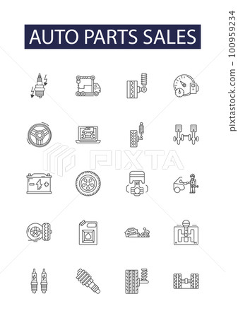 Auto parts sales line vector icons and signs. Parts, Sales, Car, Truck, Engine, Suspension, Accessories, Exhaust outline vector illustration set Auto parts sales line vector icons and signs. Parts, Sales, Car, Truck, Engine, Suspension, Accessories, Exhaust outline vector illustration set 100959234