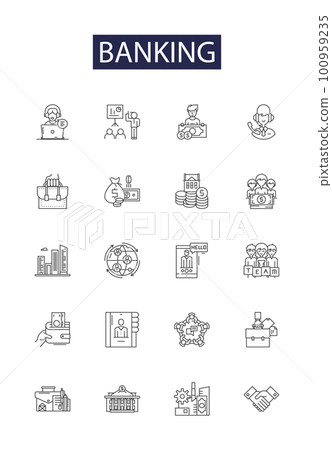 Banking line vector icons and signs. Investment, Savings, Deposit, Credit, Funds, Mortgage, ATM, Interest outline vector illustration set 100959235