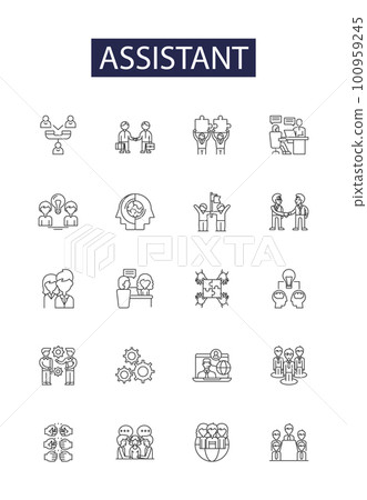 Assistant line vector icons and signs. Attendant, Clerk, Companion, Helper, Secretary, Stenographer, Admin, Associate outline vector illustration set 100959245
