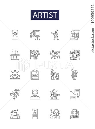 Artist line vector icons and signs. Sculptor, Singer, Dancer, Musician, Composer, Actor, Writer, Illustrator outline vector illustration set 100959251