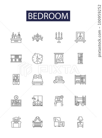 Bedroom line vector icons and signs. Room, Sleep, Comfort, Decor, Furniture, Bedsheet, Pillow, Blanket outline vector illustration set Bedroom line vector icons and signs. Room, Sleep, Comfort, Decor, Furniture, Bedsheet, Pillow, Blanket outline vector illustration set 100959252