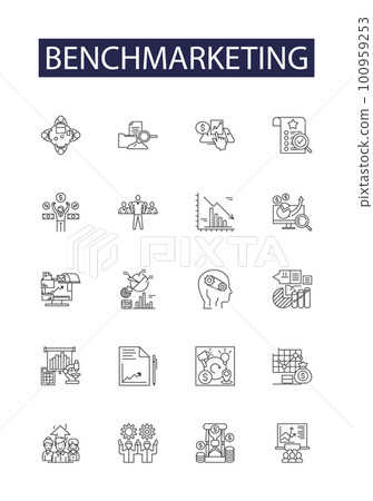 Benchmarketing line vector icons and signs. Competitor, Analysis, Performance, Quality, Comparisons, Strategies, Management, Processes outline vector illustration set 100959253
